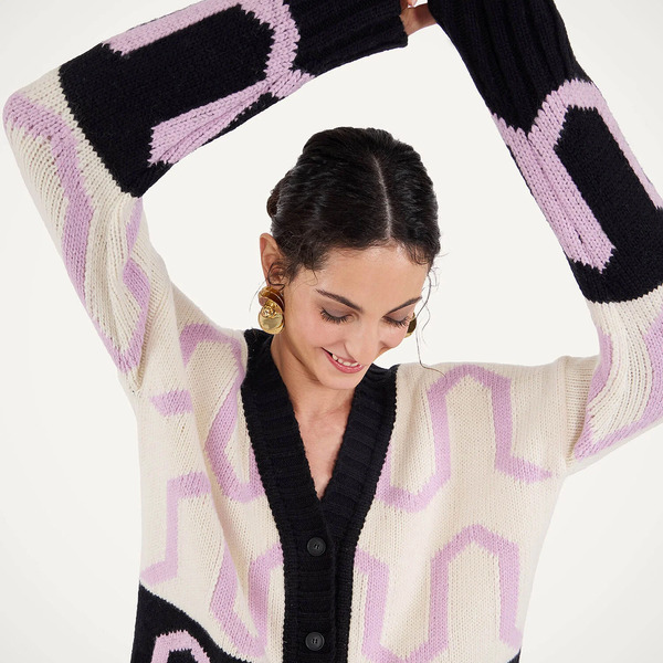  La Doublej Knitwear Gend - Comber Cardigan Multicolor Ivory & Black L 46% Acrylic 34% Alpaca Wool 14% Polyamide 6% Polyester 