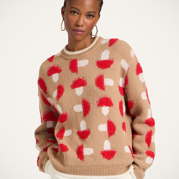  La Doublej Knitwear Gend - Fun-guy Sweater Camel & Red S 46% Acrylic 34% Alpaca Wool 14% Polyamide 6% Polyester 