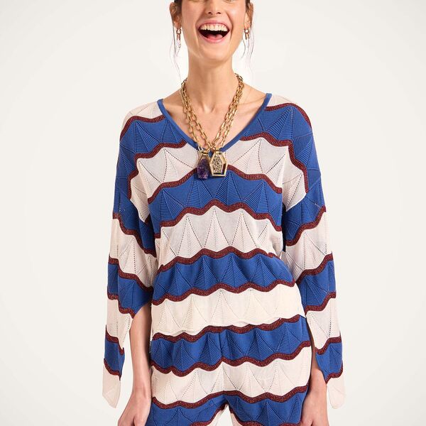  La Doublej Knitwear Gend - Hang Ten Top Color Block Ivory & Blue M 50% Cotton 46% Viscose 4% Metal Polyester 
