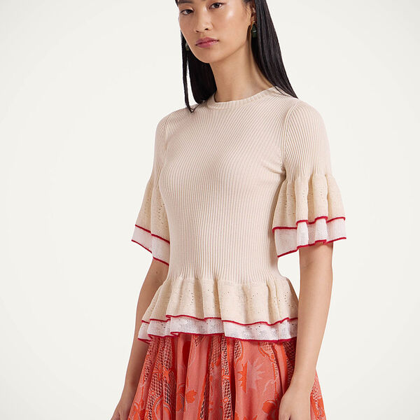  La Doublej Knitwear Gend - Peplum Tee Solid Light Beige M 52% Silk 43% Cotton 2% Mohair 2% Polyamide 1% Wool 