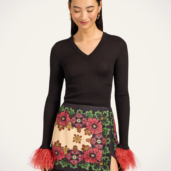  La Doublej Knitwear Gend - V-neck High Kick Top Solid Black L 68%cashmere 30%silk 2%ostrich Feathers 