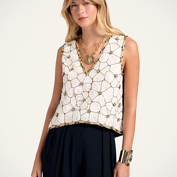  La Doublej Shirts & Tops Gend - V-neck Scala Top Solid White M 50% Cotton 40% Viscose 5% Glass Beads 5% Acrylic Stones 