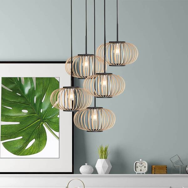  Anne Light Anne Light Silva Pendant Light, 5-bulb, Round, Black, Bamboo Struts 