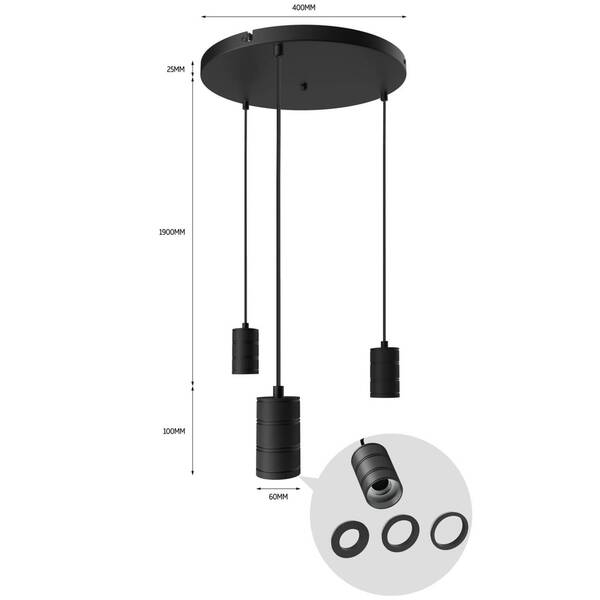  Calex Calex Retro Pendant Light, Round, 3-bulb, Black 