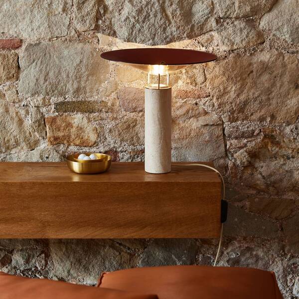  Carpyen Carpyen Rebound Led Table Lamp, Travertine, Brown Leather 