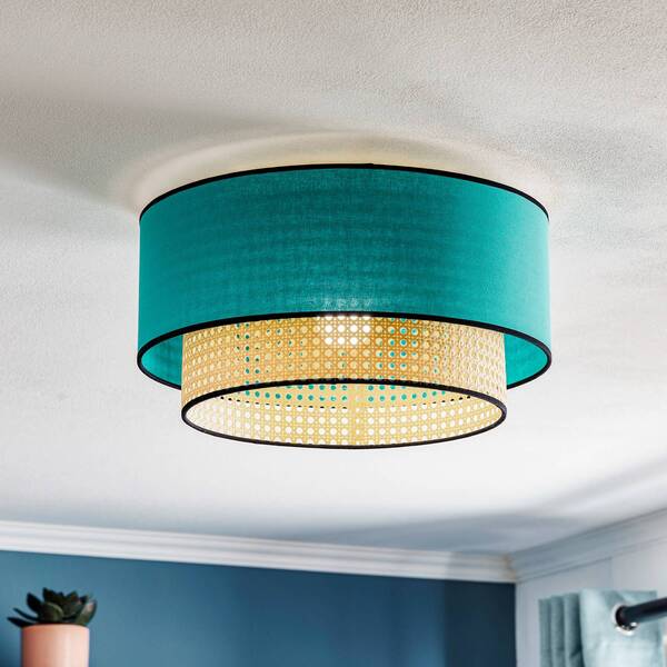  Duolla Duolla Boho Ceiling Lamp, Petrol Blue/wood/black, ø 45 Cm, Fabric/rattan 