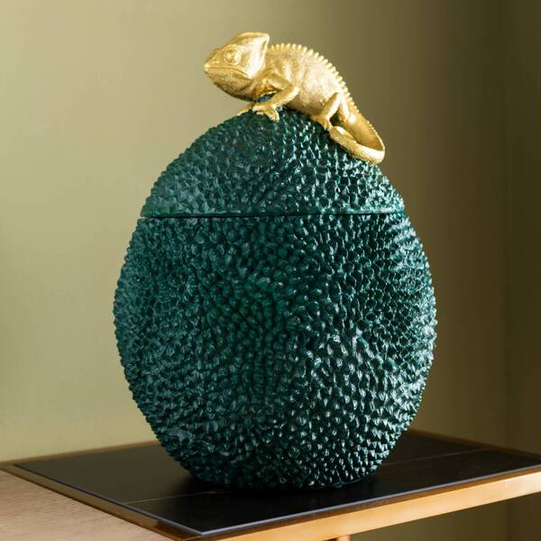  Kare Kare Decorative Box Chameleon, Height 34 Cm, Dark Green, Gold 