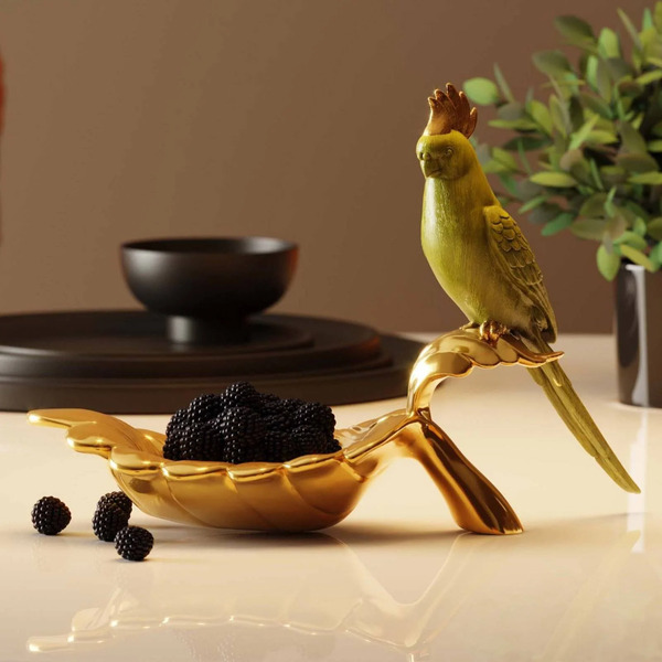  Kare Kare Parrot Guard Decorative Bowl, Gold/green, Hand-painted 