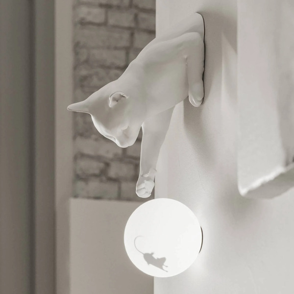  Karman Karman Maoo Wall Light, White Ceramic, Glass, Cat Figurine 
