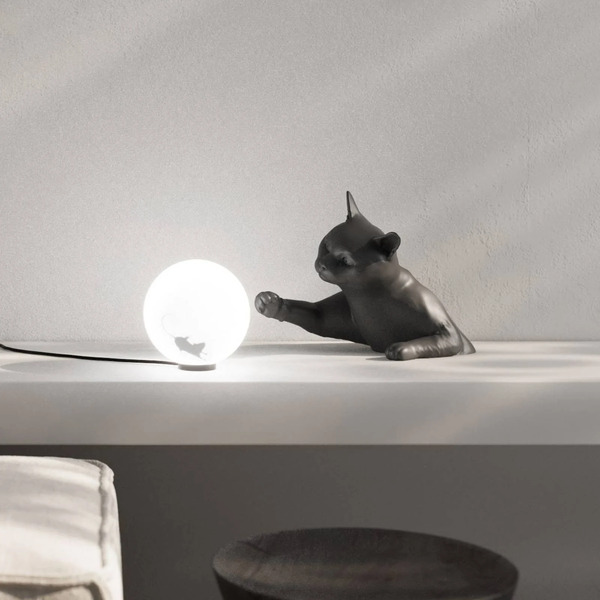  Karman Karman Table Lamp Maoo, Black Ceramic, Glass, Cat Figurine 