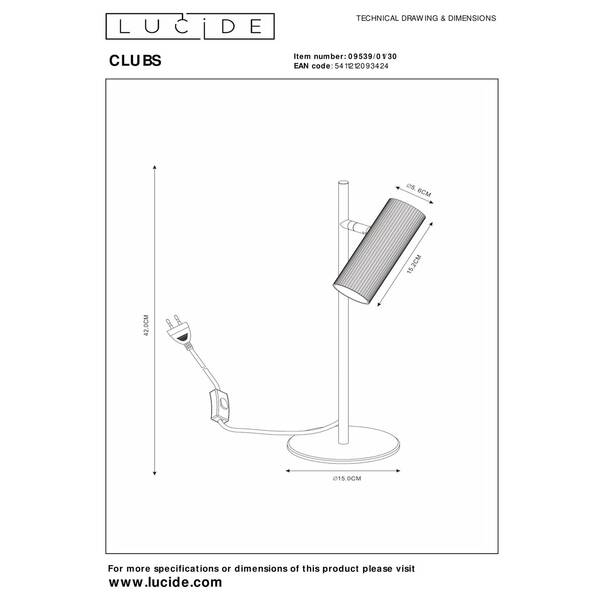  Lucide Lucide Clubs Table Lamp, Rotatable And Pivotable, Black 