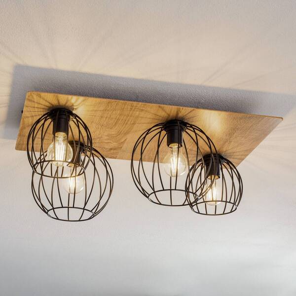  Sigma Sigma Malin Ceiling Light, Angular Wooden Shade, 4-bulb 