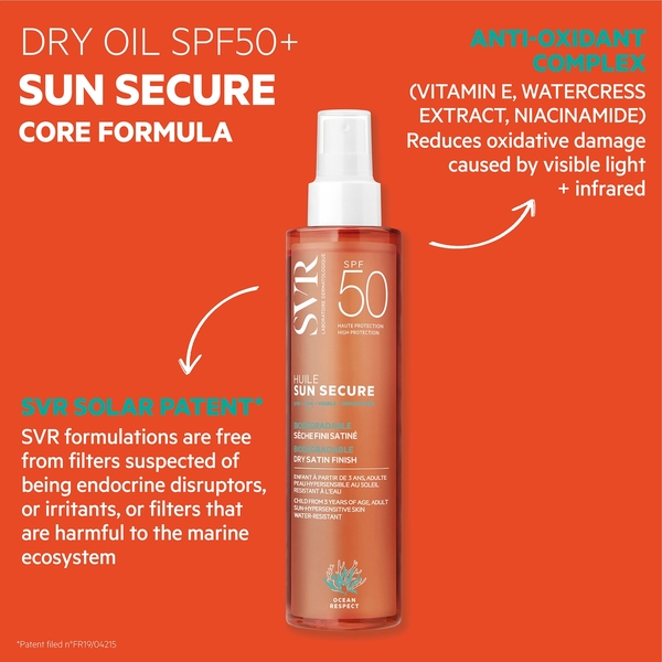  Svr Sun Secure Spf 50+ Dry Body Oil Spray For Hypersensitive Skin, Satin Finish, Water-resistant, Reef-safe, All Ages, 200ml 