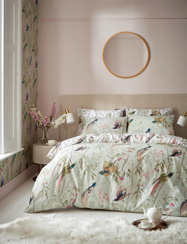  Graham & Brown Pure Cotton Sateen Clavering Birds Bedding Set Light Green 