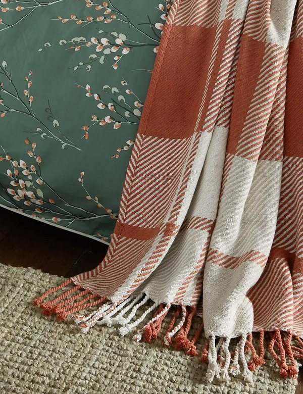  Laura Ashley Home Pure Cotton Dylan Checked Throw Orange Mix 