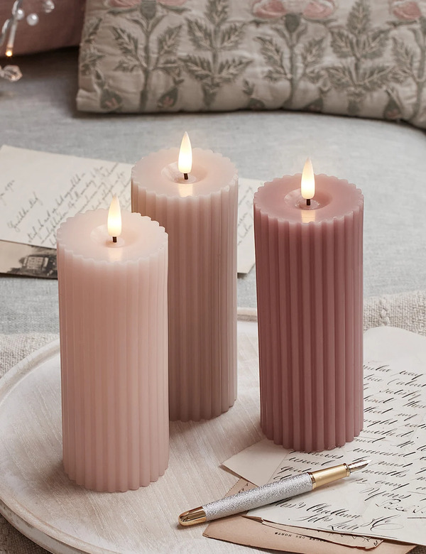  Lights4fun Set Of 3 Truglow® Fluted Wax Led Candles Blush Pink 