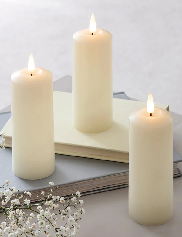  Lights4fun Set Of 3 Truglow® Skinny Pillar Led Candles Ivory 