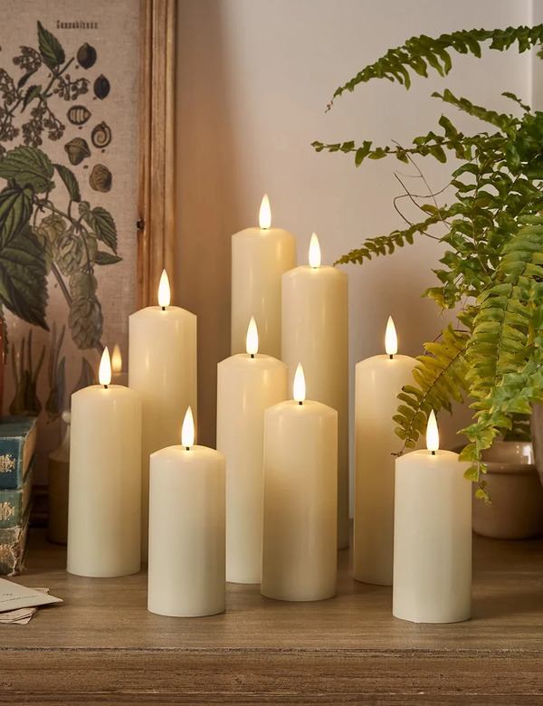  Lights4fun Set Of 9 Truglow® Slim Pillar Led Candles Ivory 