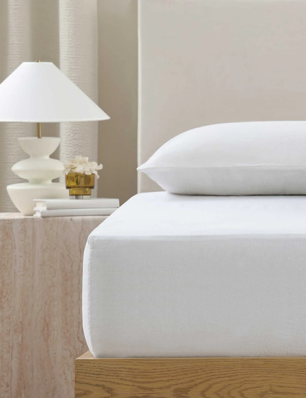  Mm Linen Pure Linen Laundered Fitted Sheet & Pillowcase Set White 