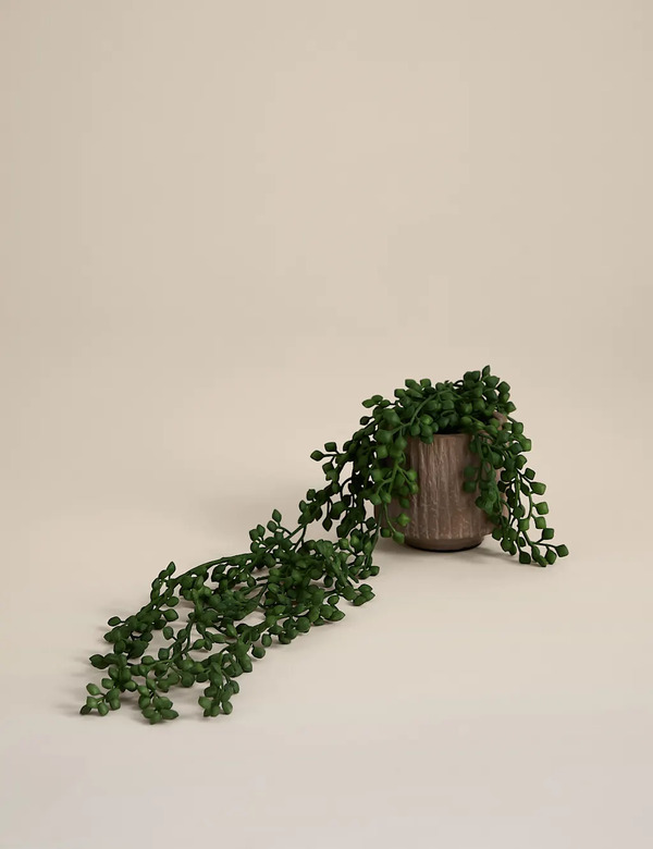  Moss & Sweetpea Artificial String Of Pearls In Textured Ceramic Pot Brown 