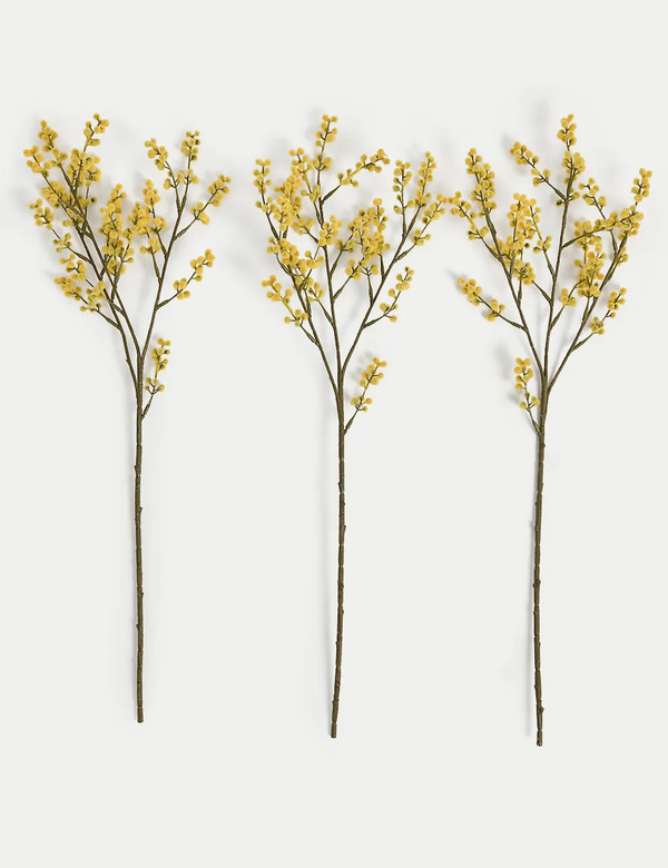  Moss & Sweetpea Set Of 3 Artificial Mimosa Single Stems Yellow 
