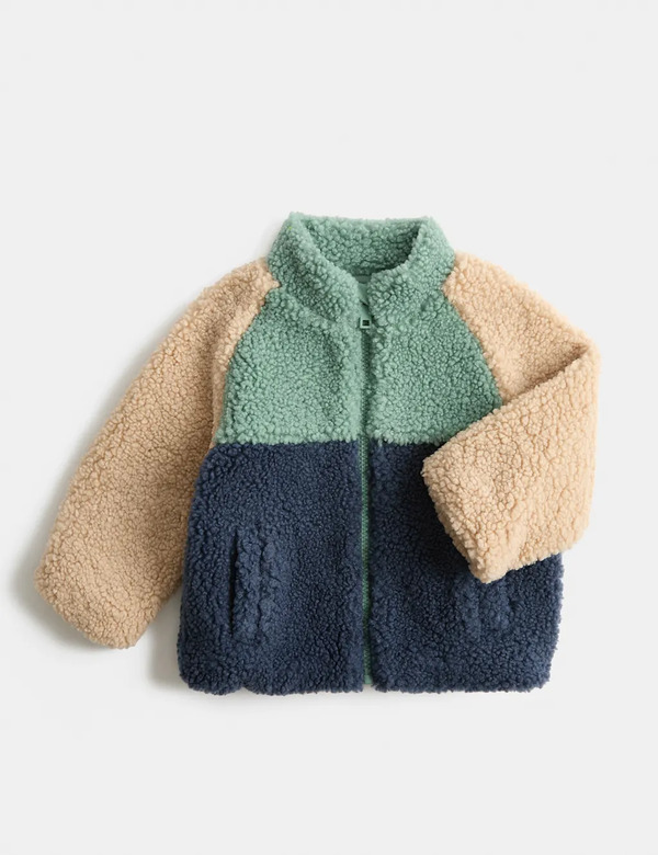  M&s Borg Colour Block Funnel Neck Jacket (0-5 Yrs) Green Mix 