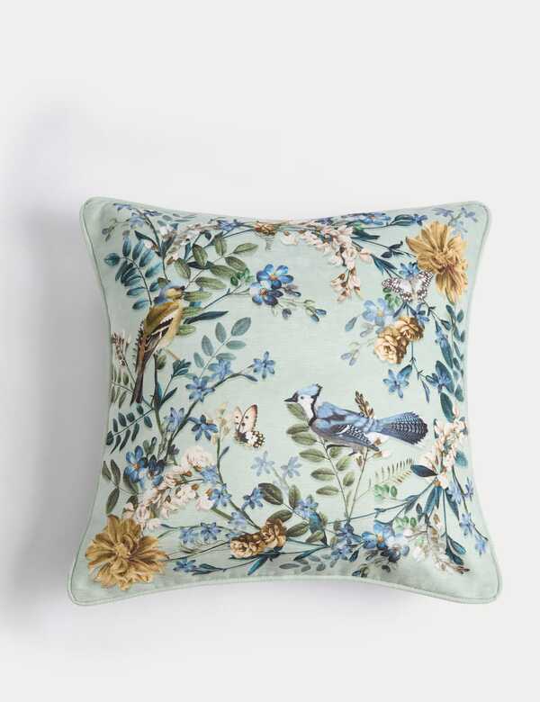  M&s Chenille Bird Print Cushion Green 