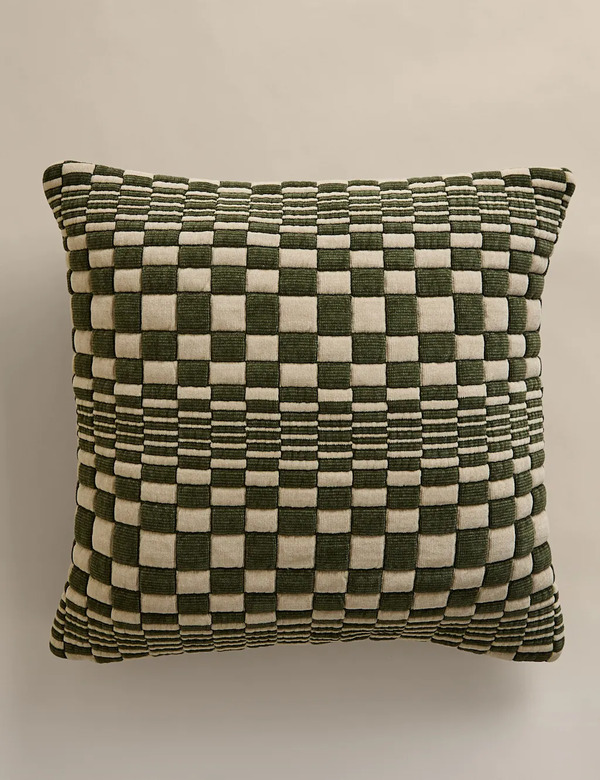  M&s Chenille Checked Quilted Cushion Green Mix 
