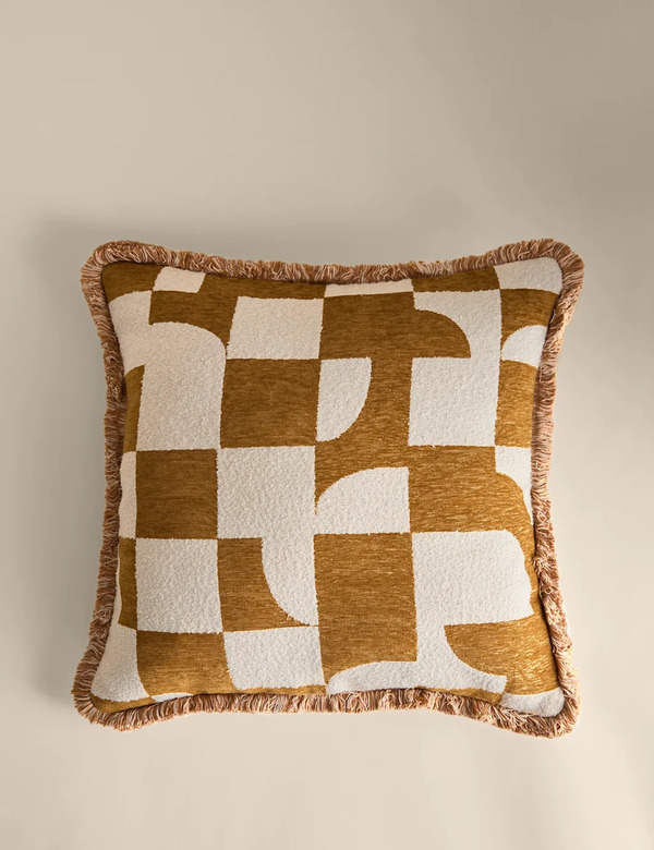  M&s Chenille Geometric Jacquard Fringed Cushion Gold 