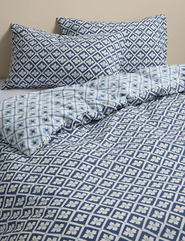  M&s Cotton Blend Geometric Tile Bedding Set Blue Mix 