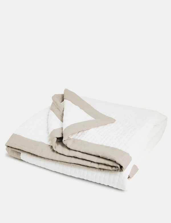  M&s Cotton Linen Border Bedspread Neutral 