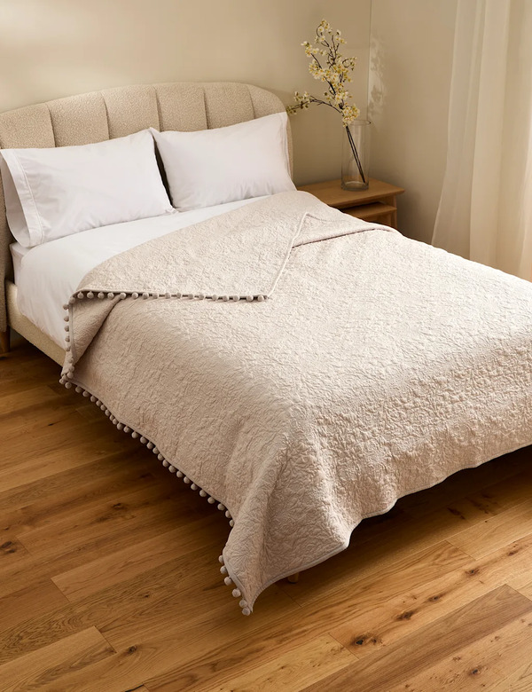  M&s Cotton Rich Embroidered Bedspread With Linen Light Grey 