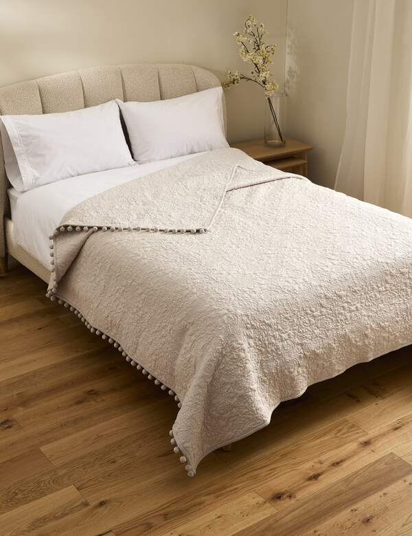  M&s Cotton With Linen Embroidered Bedspread Light Grey 