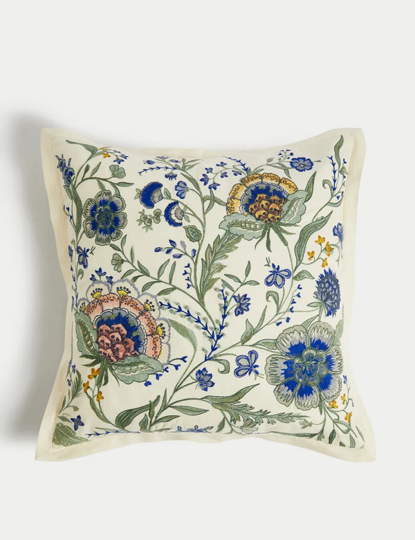  M&s Cotton With Linen Embroidered Cushion Green Mix 