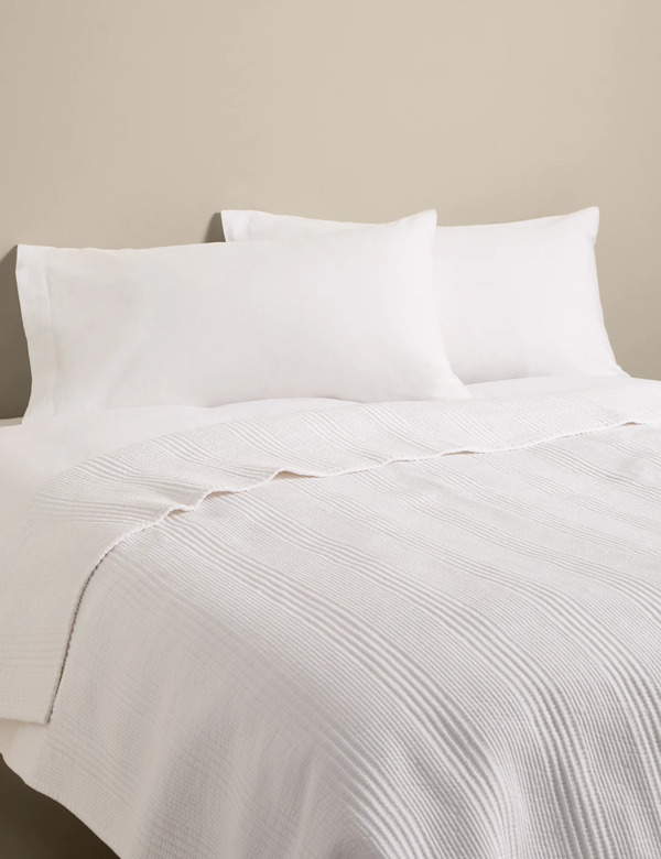  M&s Cotton With Linen Ribbed Bedspread With Linen White 