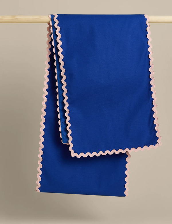  M&s Cotton With Linen Ric Rac Table Runner Blue Mix 