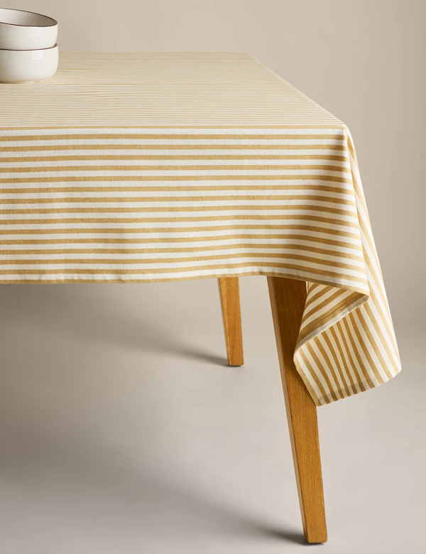  M&s Cotton With Linen Striped Tablecloth Ochre 