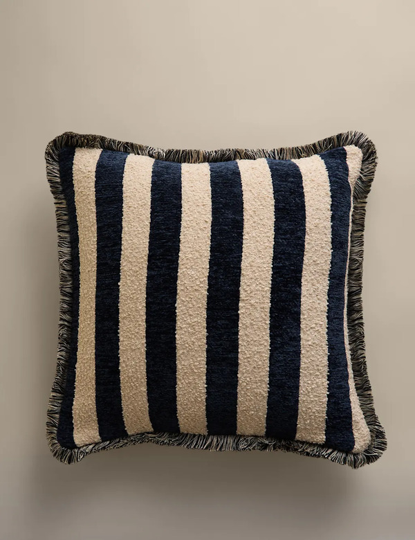  M&s Fringed Chenille Stripe Cushion Cover Navy Mix 