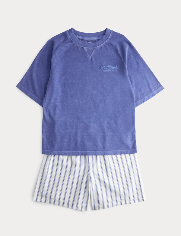 M&s Graphic Striped Short Pyjamas (6-16 Yrs) Blue 
