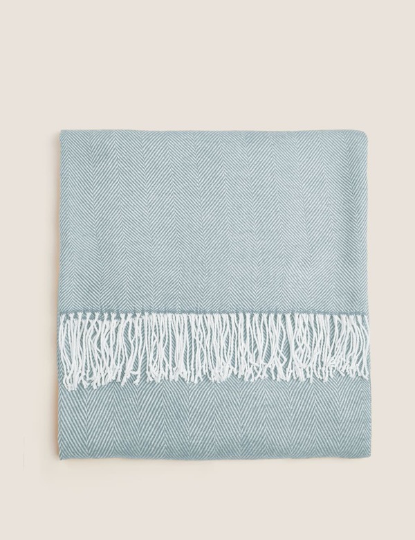  M&s Herringbone Throw Light Blue 