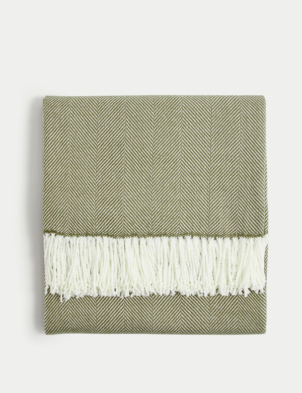  M&s Herringbone Throw Olive Mix 