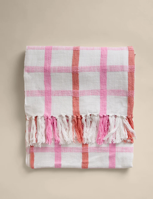  M&s Hockney Pure Cotton Checked Throw Pink Mix 