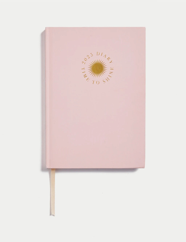  M&s 2025 Large A5 Week To View Diary - Gold Foil Sun Design 