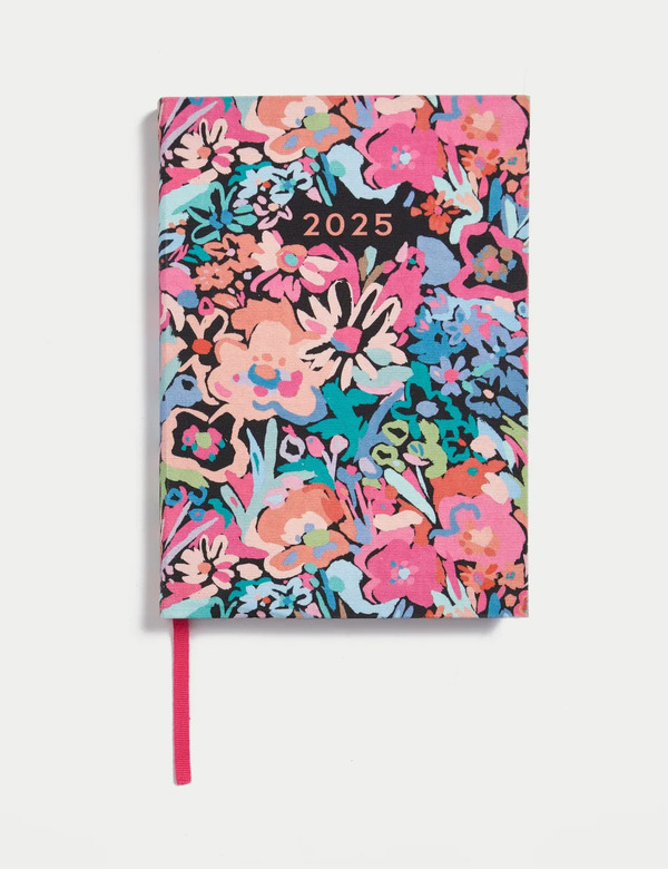  M&s 2025 Large A5 Week To View Diary - Vibrant Floral Fabric Cover 