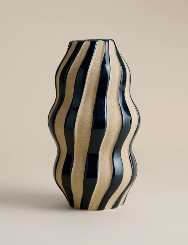  M&s Large Striped Ceramic Vase Navy 