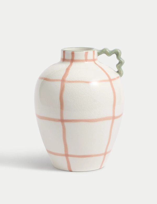  M&s Large Wiggle Check Ceramic Jug Vase Pink 