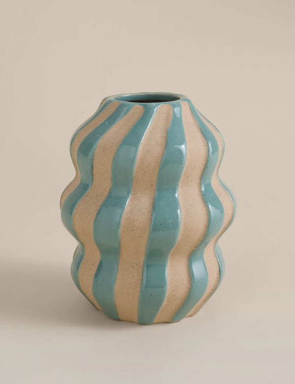  M&s Medium Striped Ceramic Vase Blue 
