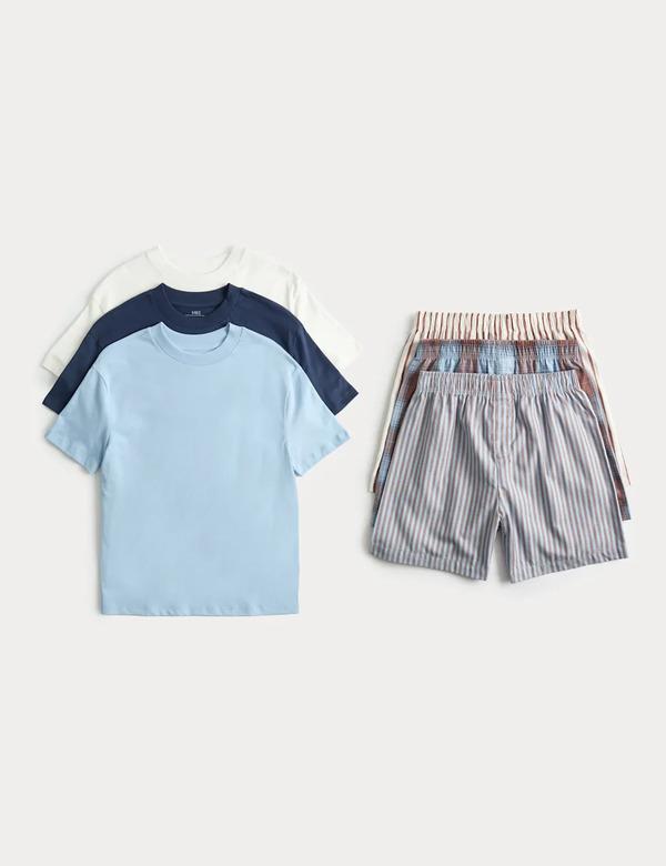  M&s 3 Pack Cotton Rich Short Pyjama Set (6-16 Yrs) Blue 