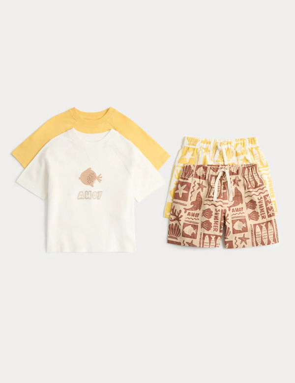  M&s 2 Pack Pure Cotton Fish Pyjamas (1-8 Yrs) Yellow Mix 