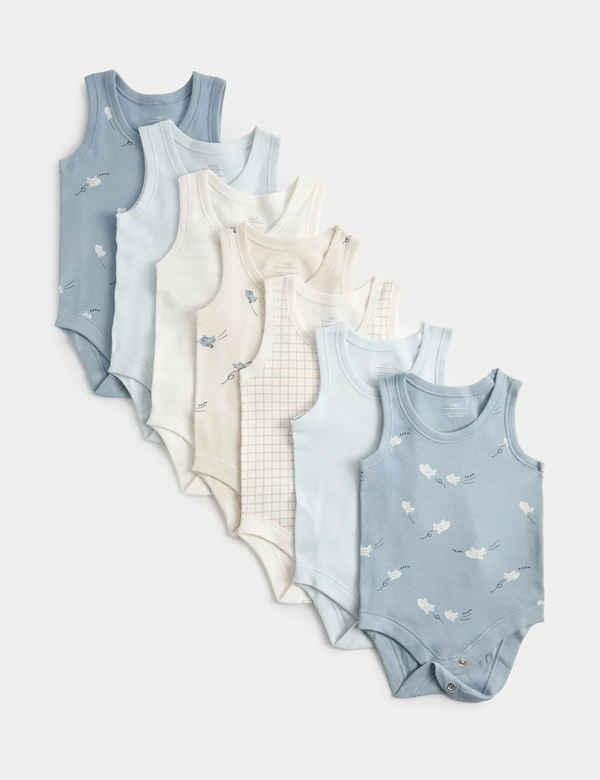  M&s 7 Pack Pure Cotton Patterned Bodysuits (7lbs-3 Yrs) Blue Mix 